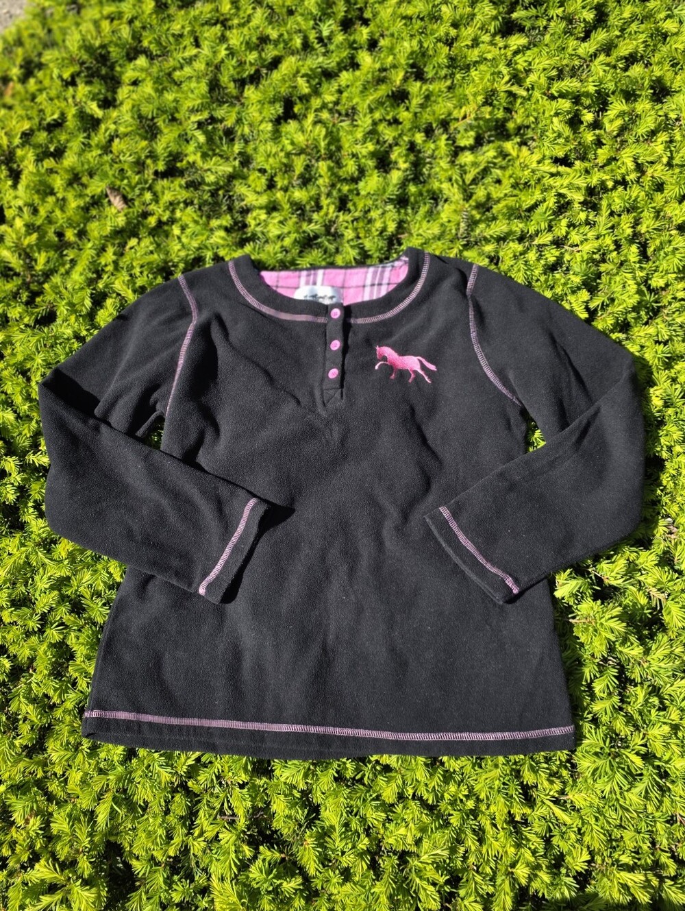 Back In The Saddle Black Fleece Henley Top w Pink Pony Embroidery Ladies Sz S